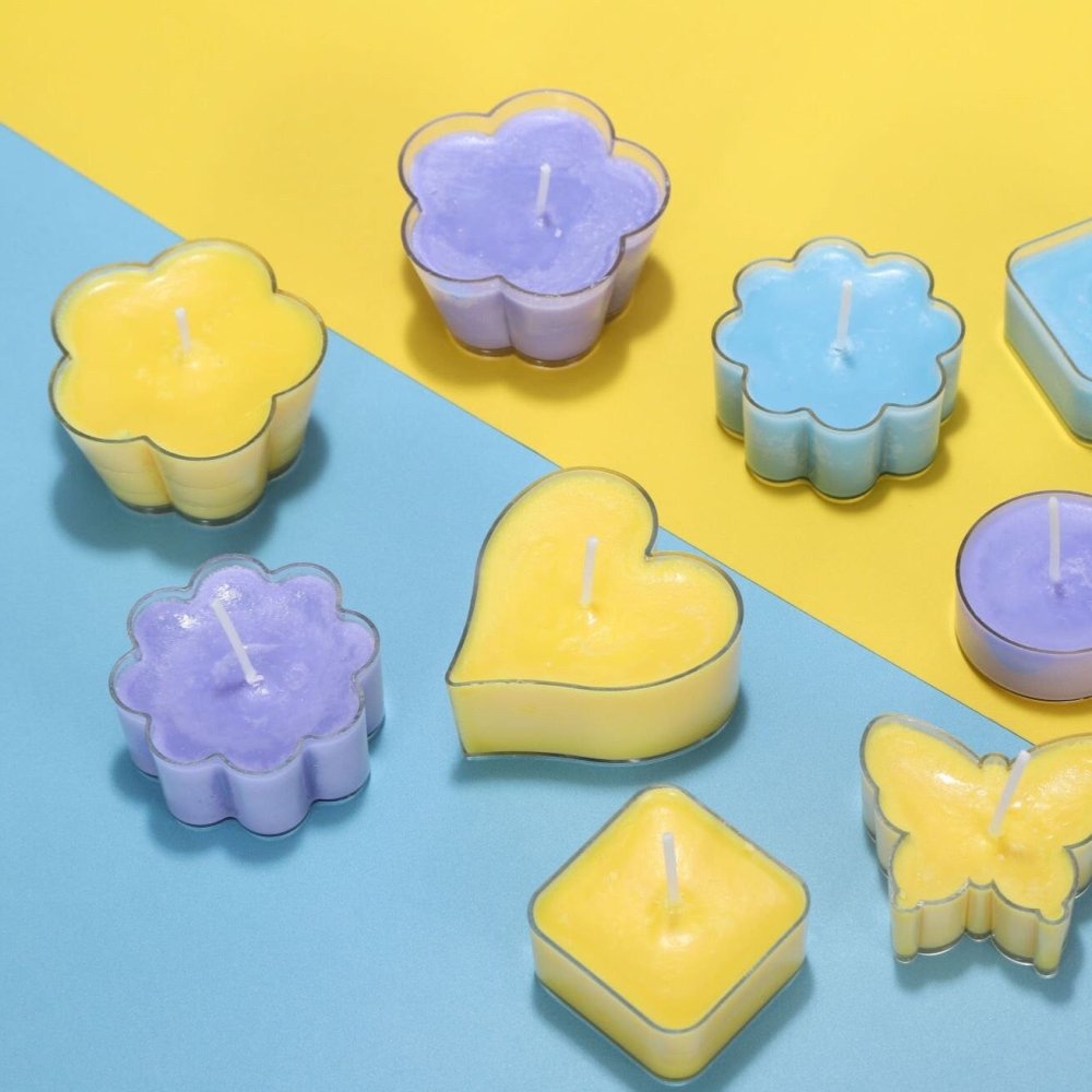 Illustrative flower and circle tea light containers with wax; empty containers supplied