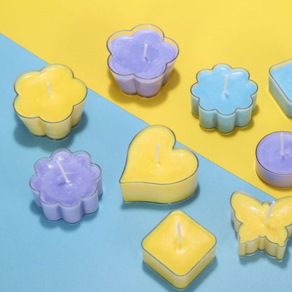 Illustrative flower and circle tea light containers with wax; empty containers supplied
